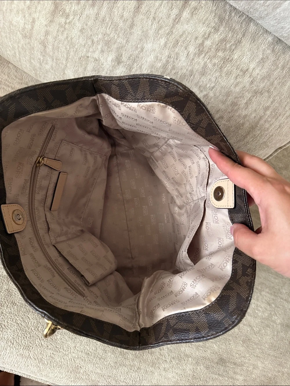 Michael Kors Dark Brown MK Logo Shoulder Bag with Tan Accents